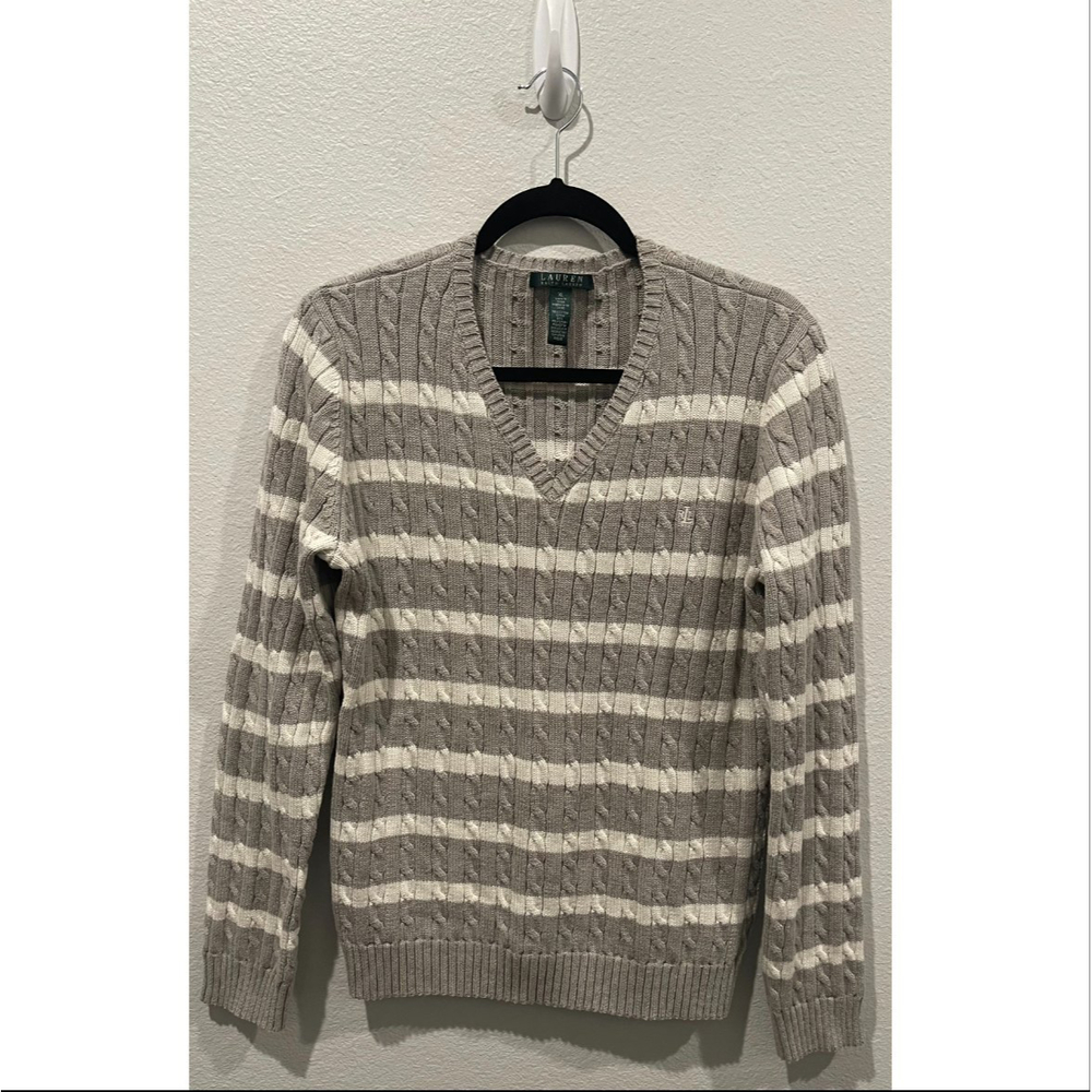 LAUREN RALPH LAUREN Striped Knit Grey White Sweater